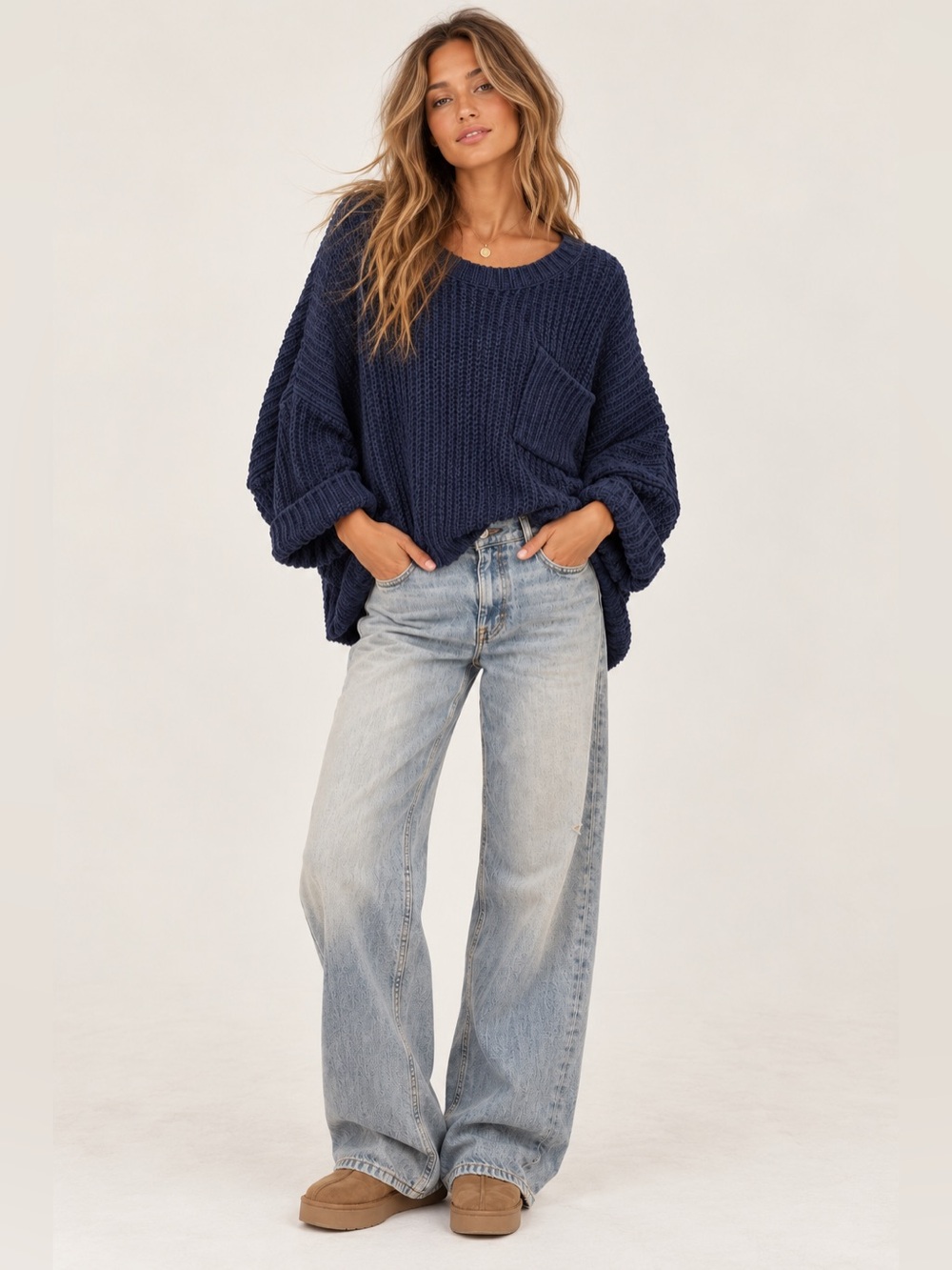 Navy Women's Chunky Cozy Knit Oversized Pocket Sweater